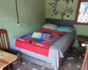 a bed in a green room with a cocacola blanket on it at coraizone hostel in Cobán