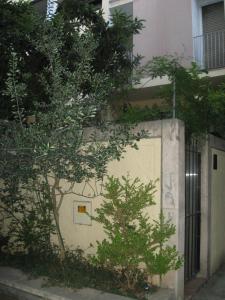 una pared de hormigón con una puerta y árboles en ella en Studio Antonio, en Split