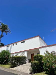 a white building with a palm tree in front of it at MCM Matur Flats 2, 11 Duplex in Santa Cruz