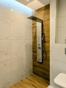 a bathroom with a shower and a toilet at Costelia Studio in Ialyssos