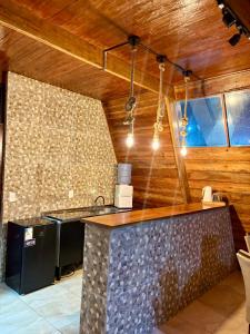 a kitchen with a counter in a room with wooden walls at Chalé da Serra in Araruna