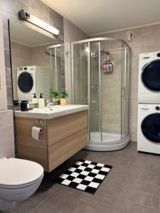 un bagno con doccia, WC e lavandino di Stor leilighet nær flyplass, buss og natur a Tromsø