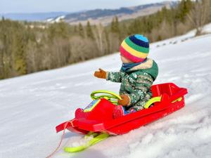Un niño montando en un trineo de juguete en la nieve. en Domek Tatry - Stacja Wierchowa 972 m, en Brzegi