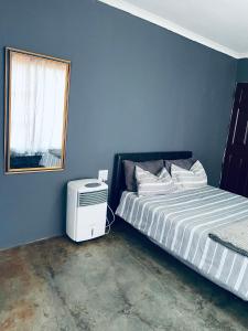 a blue bedroom with a bed and a window at Ha-Dzibs backpackers accommodation in Thohoyandou +27 photos