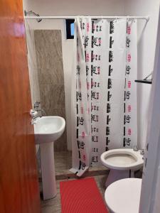 Un baño con inodoro, lavabo y cortina de ducha. en Dulces sueños, en Presidencia Roque Sáenz Peña