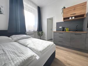 ビーレフェルトにあるModern studio for 2 - Central I Parking I WiFiのベッドルーム(大型ベッド1台、ドレッサー付)
