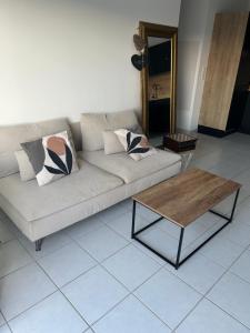 a living room with a couch and a coffee table at Appartement proche mer in Le Muy