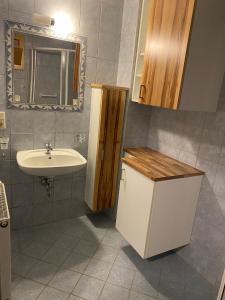 a bathroom with a sink and a toilet and a mirror at Biohof Kroisleitner Ferienwohnung Abendsonne 