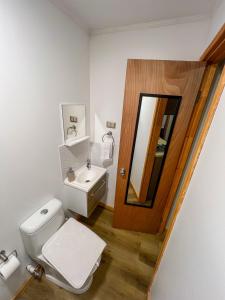 a bathroom with a toilet and a sink and a mirror at Ketrawe Lodge in Pucón +23 photos