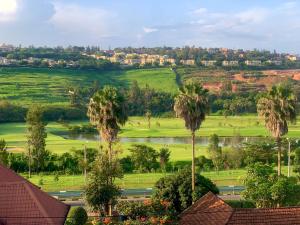 Blick auf ein Feld mit Palmen und einem Fluss in der Unterkunft Verdant Treehouse in Kigali
