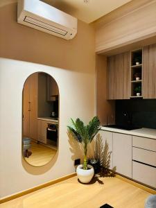 a kitchen with a mirror and a potted plant at Vaelora Stay Modern & Cozy Studio Apartment in Ghaziabad