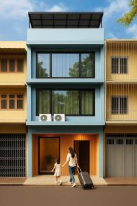 a woman and child with luggage walking in front of a building at Serenova Hotel Siam Paragon, Bangkok in Bangkok