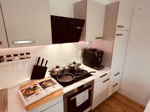 a kitchen with a stove with pots and pans on it at Chloe's Apartments in Gloggnitz