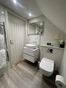 a bathroom with a white toilet and a sink at One Bedroom Flat near Bosham & Goodwood in Funtington