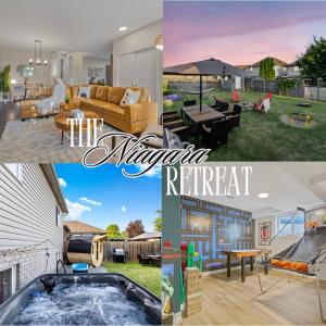 a collage of pictures of a backyard with a pool at Niagara Retreat|HotTub|Sauna|Games|15 Min to Falls in Thorold