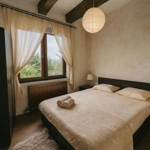 a bedroom with a bed with a towel on it at Bellevue Beam House in Covasna