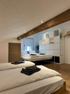 a room with three beds in a room at Mountaindreams, Wallis, near Saas-Fee, SKi, near Mattmark in Saas-Almagell
