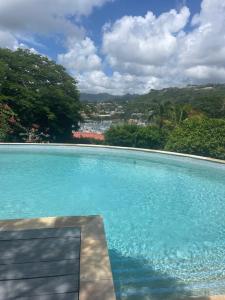a large swimming pool with blue water and trees at 1 Bed Apt Port Louis Marina view in Blow Hole