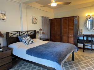 a bedroom with a bed and a ceiling fan at 1 Bed Apt Port Louis Marina view in Blow Hole