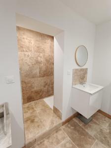a bathroom with a sink and a shower at Les Murmures Desbordes in Châteauvillain +40 photos