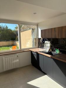 eine Küche mit Spüle und Arbeitsplatte in der Unterkunft Charmante maison de pierre rénovée a 5min de Charleville-Mézières in Saint-Marceau