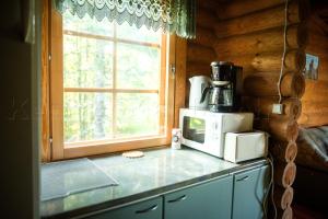 eine Küchentheke mit Mikrowelle und Fenster in der Unterkunft Putkola Cottage Finland in Virasoja