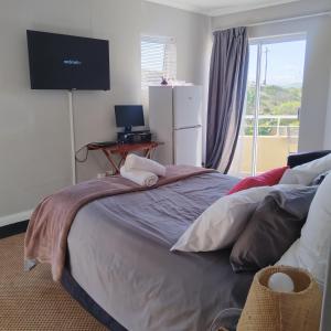 a bedroom with a bed with a television on the wall at Harbour Close Home in Cape Town