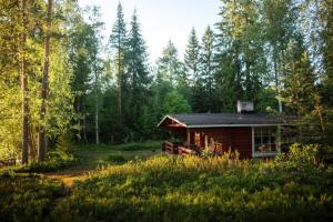 a log cabin in the woods with trees at Putkola Cottage Finland in Virasoja