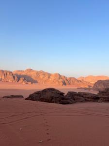 ワディ・ラムにあるWadi rum Jad luxury campの山々を背景にした砂漠の景色