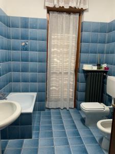 Un baño con azulejos azules, inodoro y lavabo. en La Casa di Mia, en Vesime 16 fotos más