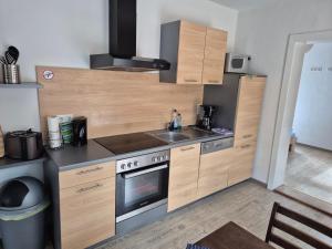 a small kitchen with a stove and a sink at Haus am Wendsee in Brandenburg an der Havel