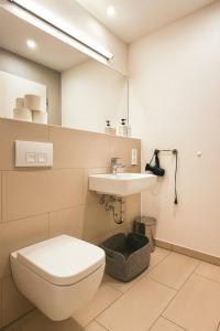 a bathroom with a toilet and a sink and a mirror at Homely! Skyview 2-Room Apartment, Airport, Fair, Rooftop, Gym! in Frankfurt/Main