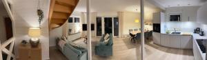 two views of a living room and a kitchen in a house at FachWerkPerle am Alfsee in Rieste
