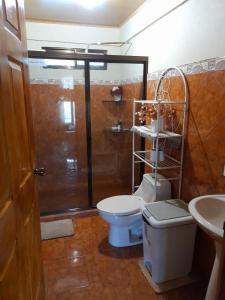 a bathroom with a shower and a toilet and a sink at Quinta El Futuro in Esperanza