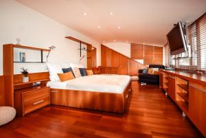 ズリーンにあるVila Kamenecの大きなベッドとテレビのある寝室