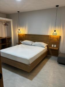 a bedroom with a large bed with two pillows at PASANI - Casa de Huéspedes in Bucaramanga