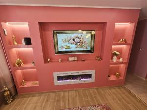 a living room with a pink wall with a fireplace at Le rêve rose in Besançon