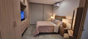 a bedroom with a bed and a flat screen tv at Salguero Suite in Gaira