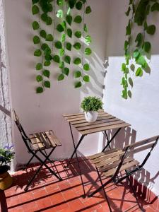 a table and a chair and a table with plants at El Atelier in Alcalá de Henares