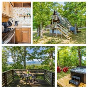 a collage of four pictures of a cabin at Great Views! A-Frame w Hot Tub, Grill & Fire Pit in Morton Grove