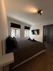a bedroom with a large bed and two windows at Appartement au coeur de Spa avec parking privé in Spa +4 photos