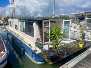 a blue and white boat with plants on the dock at Pénichette cosy bassins à flots, proche de la cité du vin in Bordeaux