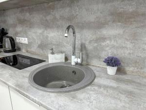 eine Küchentheke mit Spüle in der Küche in der Unterkunft 1-комнатная квартира в центре на 1 Мая 81 in Qostanai