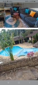 deux photos d'un canapé à côté d'une piscine dans l'établissement Pebs one bedroom apartment, à Mombasa