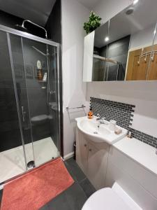 a bathroom with a shower and a toilet and a sink at Lighthouse Cottage Cullen in Cullen