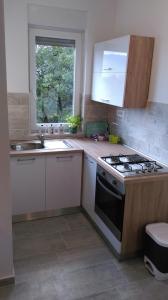 a kitchen with a stove and a sink and a window at Apartment Julie 4 in Rijeka