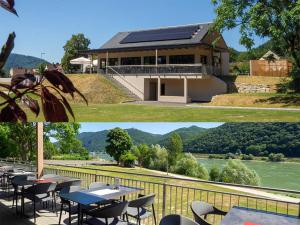 two pictures of a building with tables and chairs at Donauhaus - Natur, Kultur, Entspannung & Sport in Aggsbach