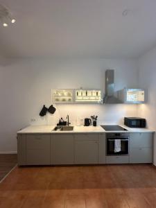 a kitchen with a sink and a stove top oven at Altstadt Apartment beim Schlossgarten in Schwerin +26 photos
