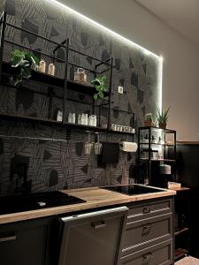 een keuken met een zwart-grijze muur met planten bij Altbau-Juwel, Antik trifft Modern im Denkmalhaus in Saarbrücken