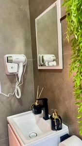 a bathroom with a sink and a mirror at Chalé Tiny house com banheira e lareira in Osório +12 photos